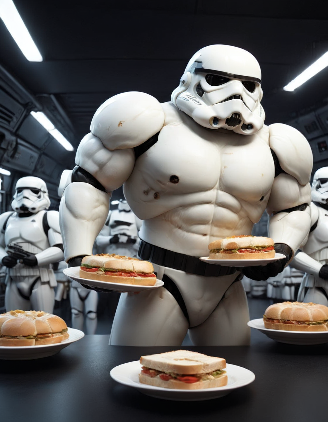 extremely (anthroid:1.5), stormtrooper on the death star holding a plate full of sandwiches, film still <lora:AnthRoid:1.1>