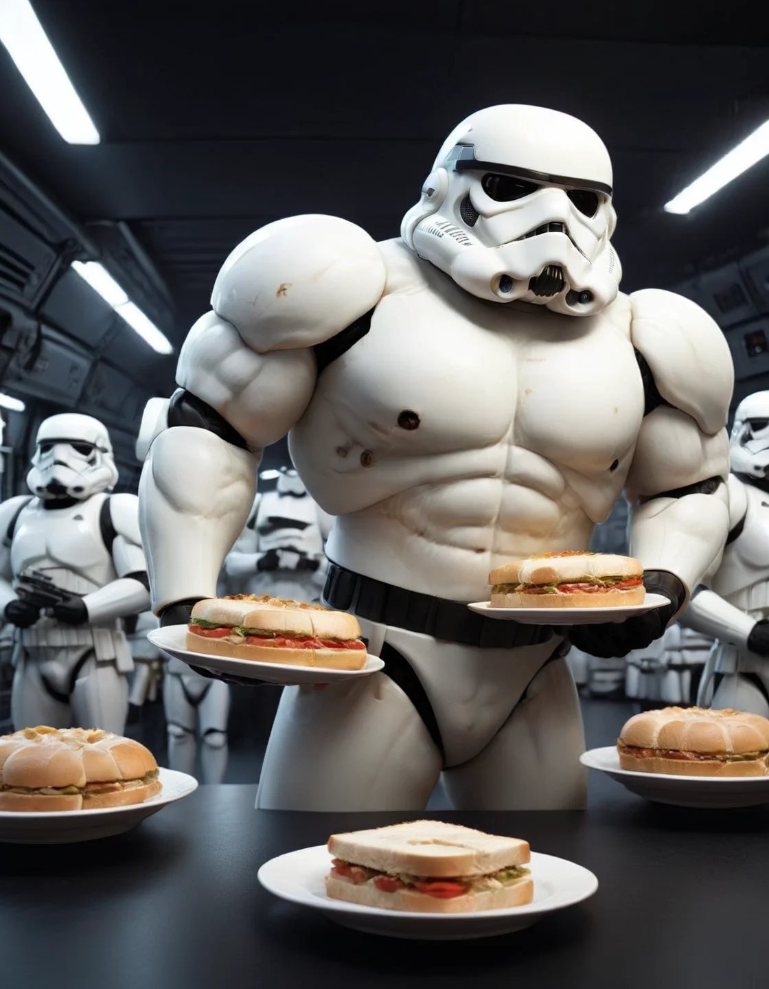 extremely (anthroid:1.5), stormtrooper on the death star holding a plate full of sandwiches, film still <lora:AnthRoid:1.1>