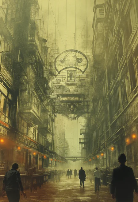 The mind palace of a criminal mastermind unfolds in a surreal, dreamlike scene, where steampunk aesthetics blend with futuristic elements in a fusion of urban decay and mechanical intricacies. Vast, towering structures are adorned with gears, pipes, and exposed machinery, creating a labyrinthine cityscape. The mastermindâs mindscape mixes industrial power with hints of retro-futurism, where mechanized anatomyâcyborg-like figuresâroam the streets. Rusted metal, steam hissing from vents, and glowing neon signs dot the dark, gritty atmosphere. Shadows of intricate machines, functioning as both tools and threats, loom over a metropolis powered by both genius and madness, all set in a world where the boundaries between human thought and mechanical complexity blur.