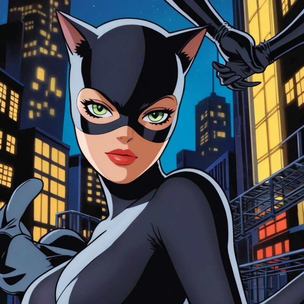 anime artwork of <lora:Catwoman:1.2>
Catwoman a naked woman in a cat suit and gloves In Gotham City Universe, anime style, key visual, vibrant, studio anime, highly detailed