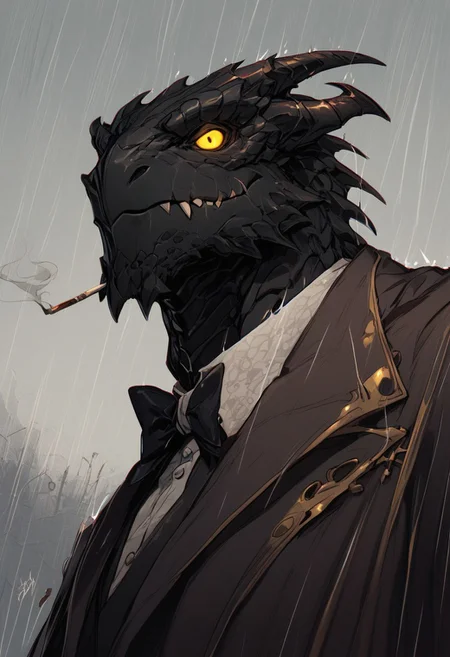 score_9, score_8_up, score_7_up, black dragonborn, solo, looking at viewer, male, standing, yellow eyes, male focus, outdoors, american clothes, tuxedo, classy-outfit, horns, colored skin, fangs, raining, colored sclera, black skin, smoking, steampunk-outfit, steampunk, smirk