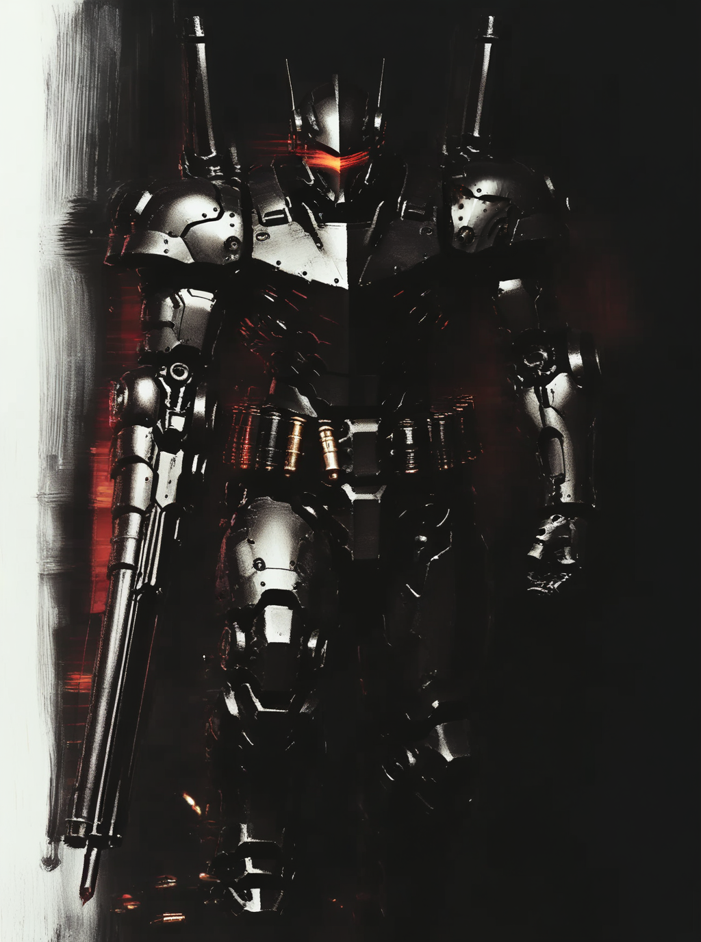 sref10006, dark, motion blur, overdesigned heavy armored mecha, big shoulders, arm cannon, cartridge belt, visor <lora:sxz-sref10006:1>