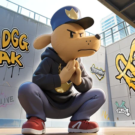 masterpiece, best quality, amazing quality, rendered, illustration, highres, detailed, no humans, dogman, solo, black eyes, beige fur, dog ears, hat, police hat, black hoodie, grey pants, red sneakers, gold chain, squatting, praying hands, serious, graffiti, skate park, low angle, detailed background, <lora:dogman_Illustrious_Mlaofmd-10_1174849:1.0>,