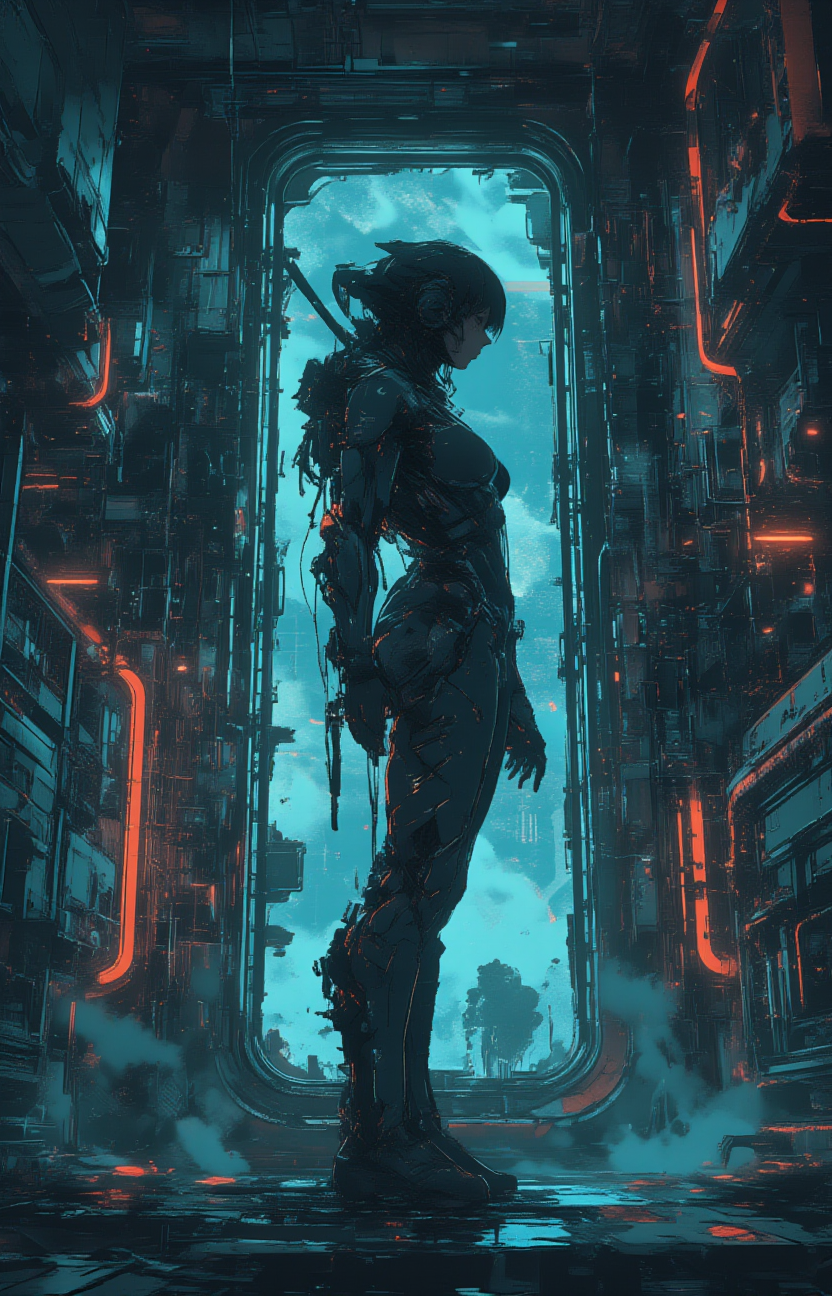 realistic art, side view and slightly angled view of a  a female figure inside a futuristic cockpit or chamber surrounded by intricate technological details. The medium appears to resemble digital art with vibrant colors and a high level of detail.  <lora:MJanime_Flux_LoRa:1>   <lora:- Flux1 - the_edgy_mech_V1.0-step00008200:.6>