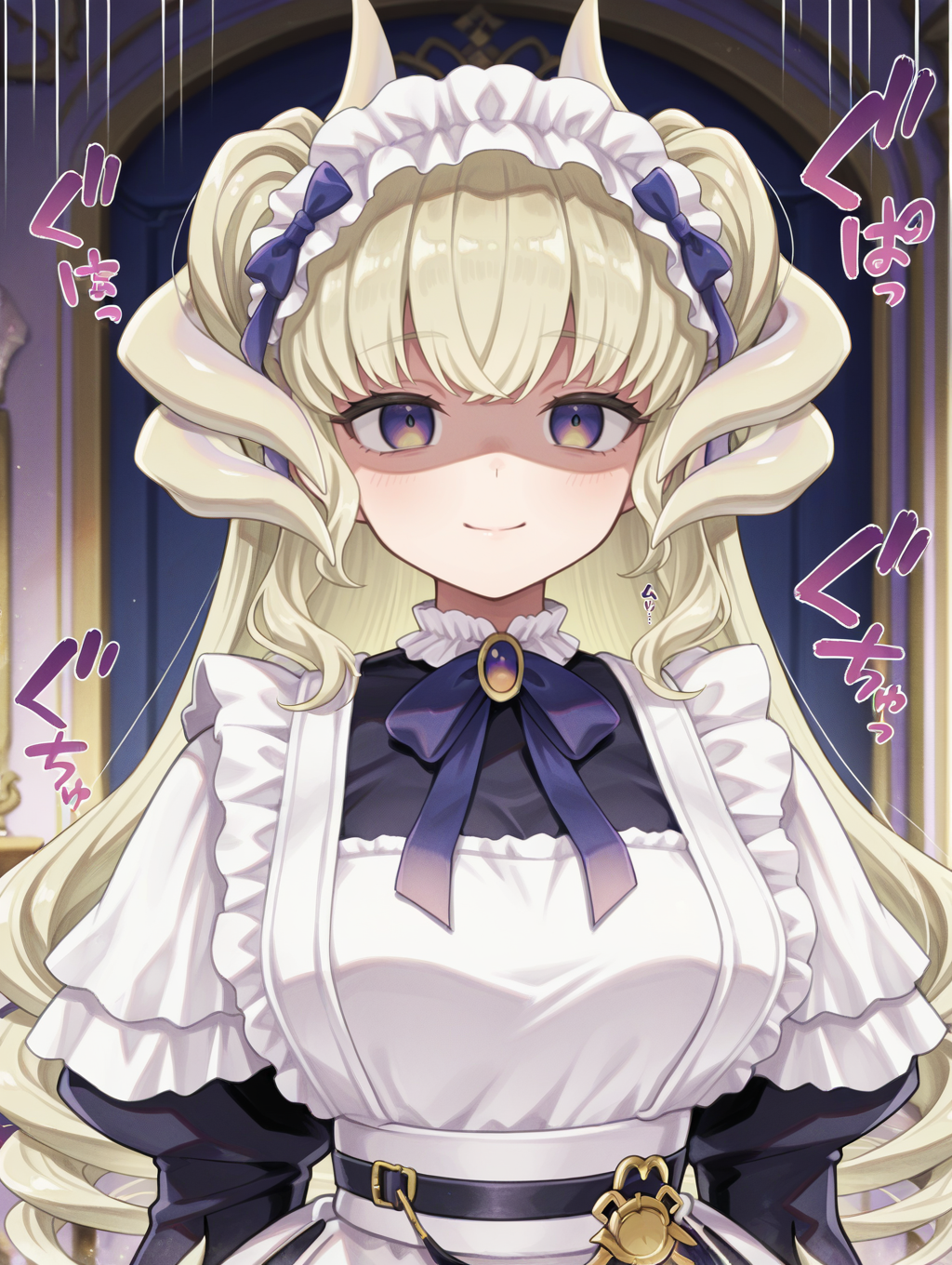 dragonmaid latys,1girl,solo,smile,looking at viewer,closed mouth,upper body,blue bow hairband,motion lines,blue maid dress,dragon girl,indoor,dressing room,(sound effects),arms at sides,shaded face,
masterpiece,best quality,amazing quality,very aesthetic,absurdres,newest,<lora:Dragonmaid latys illuXL v1:0.77>,