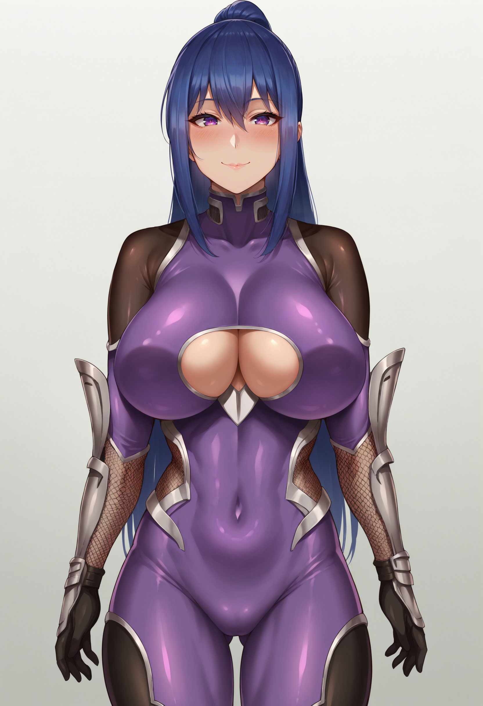 score_9, score_8_up, score_7_up, score_6_up, source_anime,
1girl, solo, (konno tohiro:0.5),
standing, 
looking at viewer, smile, blush,
Akiyama_Rinko_SK, 
blue hair, high ponytail, purple eyes, hair between eyes, 
bodysuit, gloves, clothing cutout, turtleneck, arm guards, purple bodysuit, impossible bodysuit, fishnet bodysuit,
simple background, white background,
 <lora:Akiyama_Rinko_SK:1>