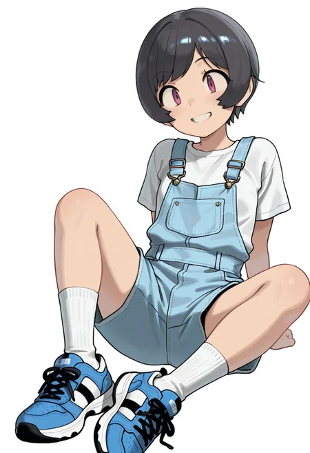 Score_9, Score_8_up, Score_7_up, Score_6_up, Score_5_up, Score_4_up, (masterpiece, best quality:1.2), soft_lighting, soft_skin_tone,  
BREAK
focus on face, 1girl, kanakochan, spring clothing, white t-shirt, overalls, shorts, socks, shoes, grin, 
BREAK
white background, simple background
