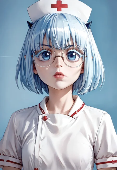 safe_pos, 1 girl, standing eye catching, solo, light blue hair, short hair, blue eyes, horns, round eyewear, colored eyelashes, (,((score_9, score_8_up)):1.5), perfect lighting,realistic lighting, best quality, masterpiece, (head to thighs) 1girl, solo,beautiful face,contoured eyebrows,erotic model, full lips, skin colored lips, glossy lips, wearing nurse uniform,nurse, nurse cap, white dress, hospital background, perfect, detailed, best