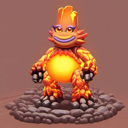 Amber on the background,Latex,KaynaMSM, fire-themed, glowing molten belly, rocky cracked outer skin, light yellow sclera, colored sclera, dark orange eyes, light purple eyelashes, light purple lips, big lips, orange tongue, colored tongue, no humans, pokemon (creature), smiling,beautiful,high-quality,solo,1female,
