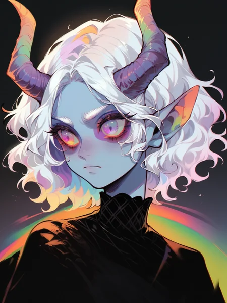 score_9, score_8_up, score_7_up, score_6_up, <lora:1r3gl1XLP:1> 1r3gl1, trippy, 1girl, horns, multicolored hair, white hair, colored skin, multicolored eyes, upper body