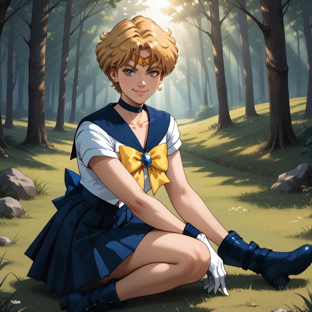 score_9, score_8, BREAK, solo, Sailor_Uranus_(Sailor_Moon), blonde short hair, sailor senshi uniform, dark blue boots, circlet, dark blue skirt, dark blue sailor collar, yellow bowtie, dark blue choker, white gloves, self portrait, smile, looking at viewer, outdoors, sunlight, shadows, evening lighting, natural lighting, forest, trees, grass, orange sky, sunset