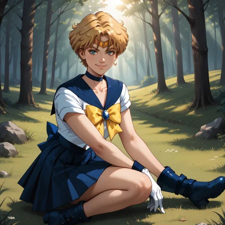 score_9, score_8, BREAK, solo, Sailor_Uranus_(Sailor_Moon), blonde short hair, sailor senshi uniform, dark blue boots, circlet, dark blue skirt, dark blue sailor collar, yellow bowtie, dark blue choker, white gloves, self portrait, smile, looking at viewer, outdoors, sunlight, shadows, evening lighting, natural lighting, forest, trees, grass, orange sky, sunset
