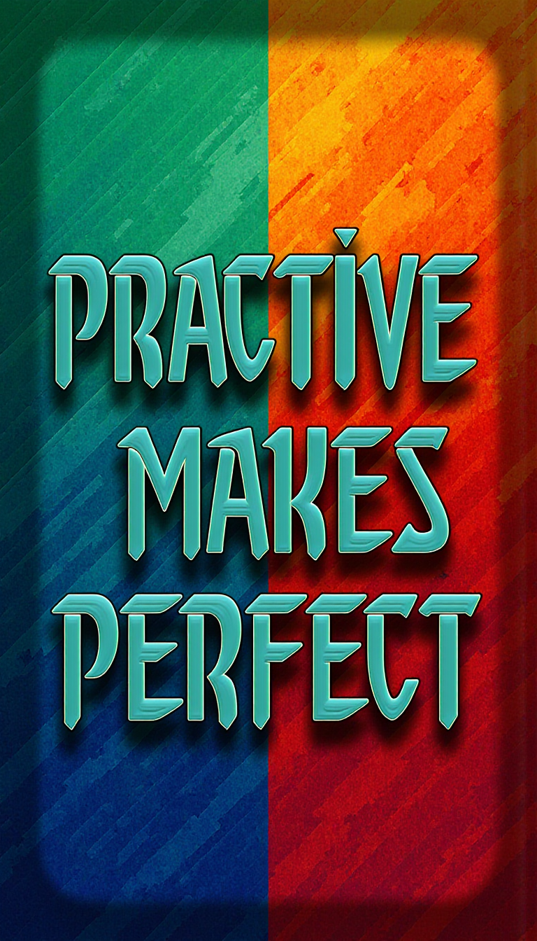<lora:SC2Font:1>A SC2StyleFont text that says "Practice makes perfect" in metallic green letters over a colorful abstract background. Under the text, draw an icon matching the text.
