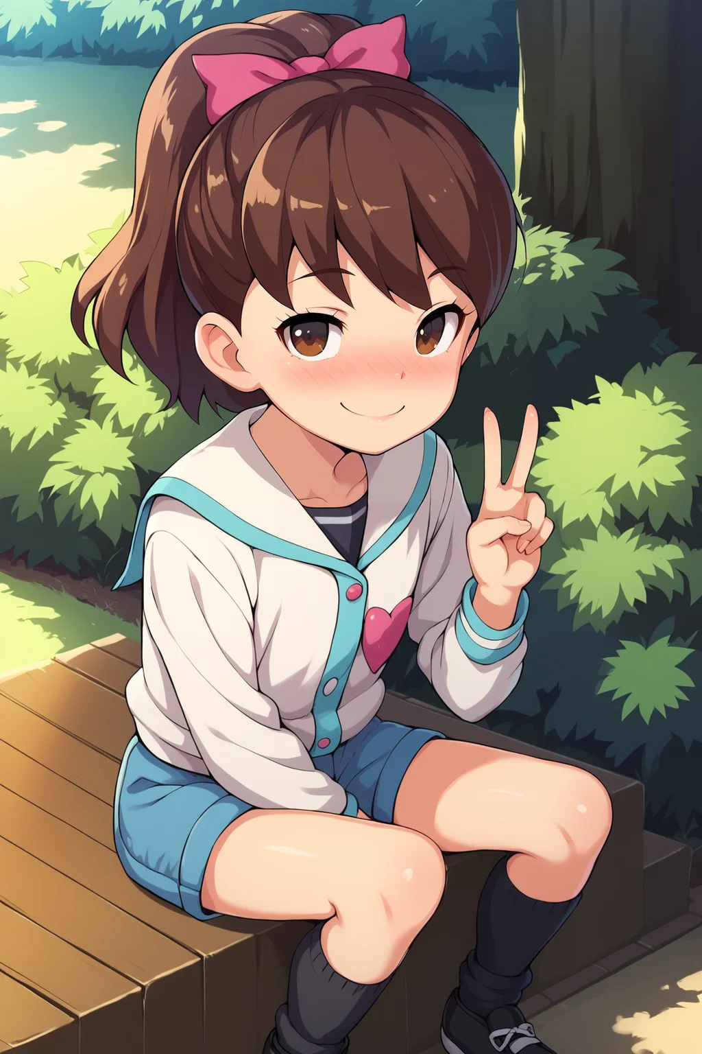 score_9, score_8_up, score_7_up, score_6_up, BREAK, KatieYWPXL, brown eyes, brown hair, short hair, bangs, high ponytail, hair ribbon, pink ribbon, flat chest, serafuku, white jacket, striped shirt, blue shorts, short shorts, black socks, loose socks, black shoes, solo, sitting, above view, peace sign, seductive smile, looking at viewer, naughty face, nose blush, forest, tree <lora:KatieYWPXL:1>