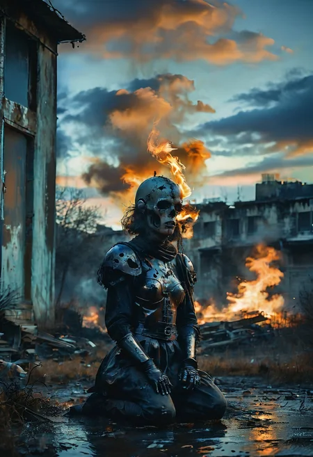 (Full body photograph, ultra-realistic:1.2). score_9, score_8_up, score_7_up, female gothic sexbomb knight , portrait, kneeling, defeated, tired, gothic armor, open helmet, temple, reflections, highly detailed, film grain, <lora:zy_Realism_Enhancer_v1:0.75>
BREAK scenery. sky. outdoors. cloud. fire. building. tree. burning. cloudy sky. smoke. sunset. nature. city. cityscape. blue sky. The photograph captures a moment during sunset with dramatic cloud formations that are tinged by fiery oranges and deep purples against an otherwise muted sky.
<lora:MoodySky_set2:0.33:0.67>