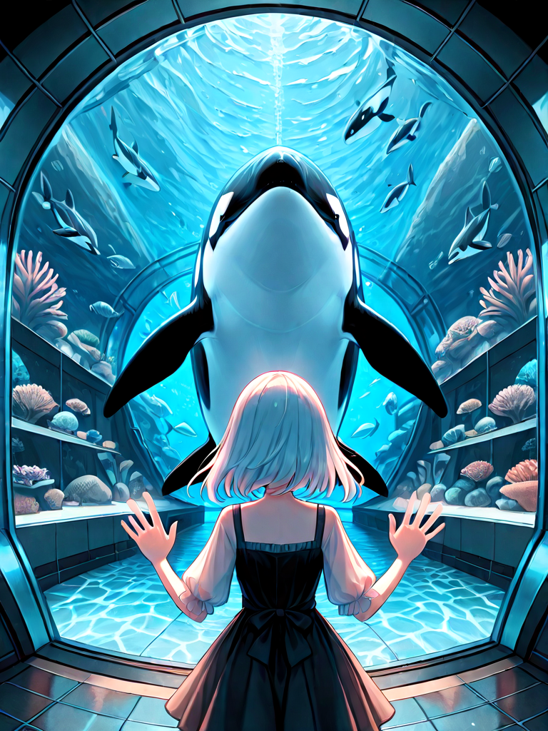 absurdres, explicit, aquarium tunnel, aquarium, orca, gigantic animal, underwater, hands on glass, 1girl, short dress, window, reflection, floor, upper body, <lora:girllikedolphinunderwater_ilxl:1>