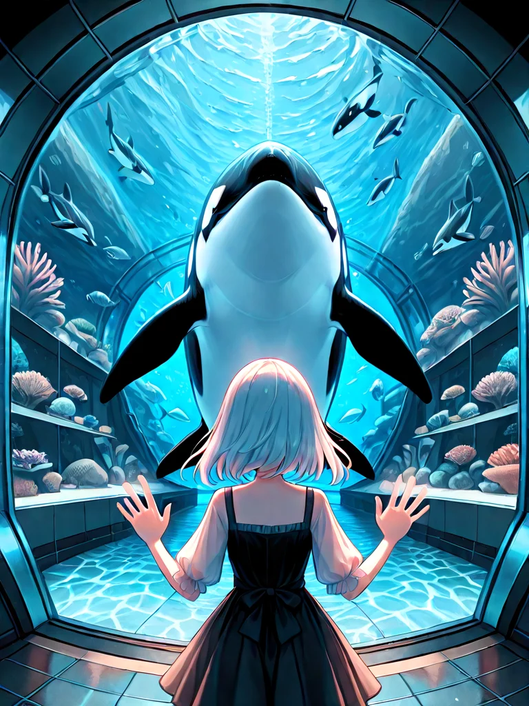 absurdres, explicit, aquarium tunnel, aquarium, orca, gigantic animal, underwater, hands on glass, 1girl, short dress, window, reflection, floor, upper body, <lora:girllikedolphinunderwater_ilxl:1>
