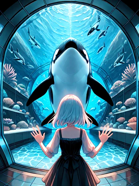 absurdres, explicit, aquarium tunnel, aquarium, orca, gigantic animal, underwater, hands on glass, 1girl, short dress, window, reflection, floor, upper body, <lora:girllikedolphinunderwater_ilxl:1>