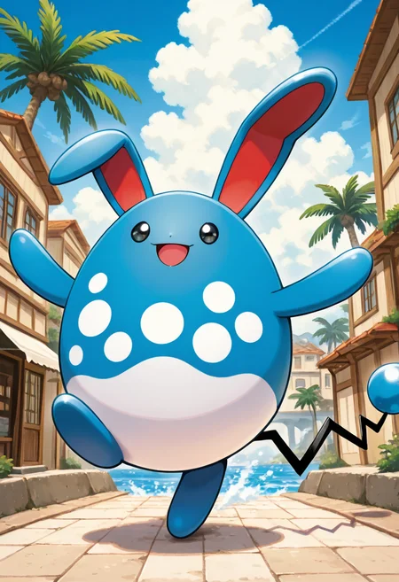 masterpiece, best quality,    <lora:AzumarillPokedexCardArt_IXL:0.8>,   zzAzumarill, looking at viewer, smile, open mouth, standing, full body, :d, outdoors, sky, day, cloud, water, blurry, black eyes, tree, blue sky, happy, standing on one leg, cloudy sky, building, running, jumping, palm tree,