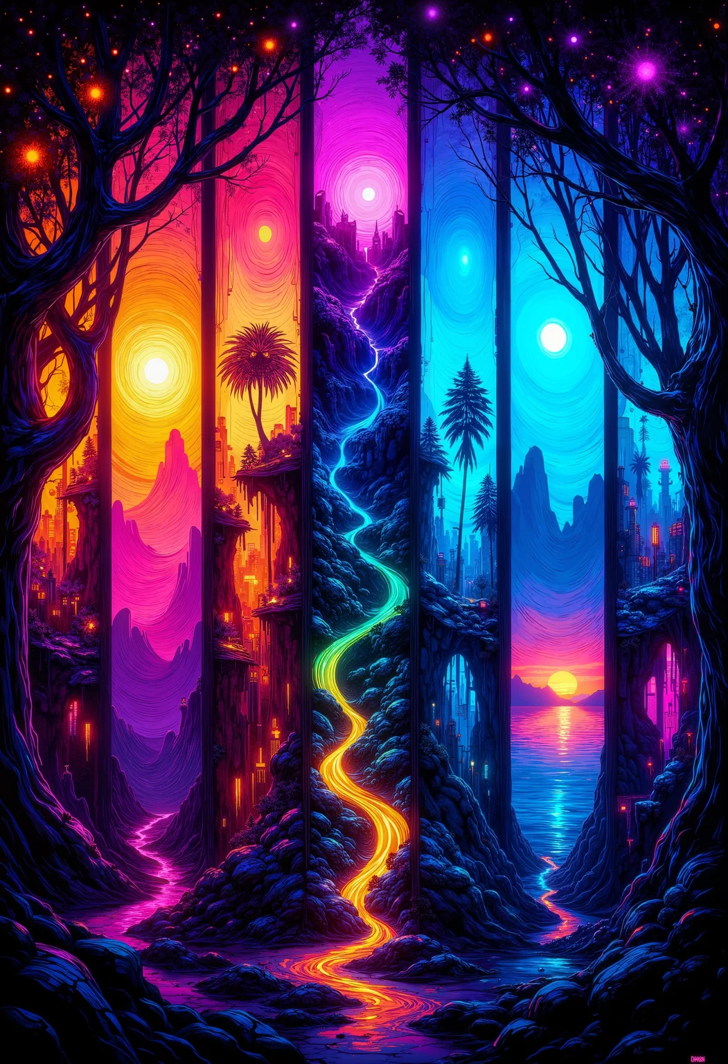 A digital cyberpunk art splash in the style of bo-cyborgsplash, a vibrant and mystical landscape depicted in a series of vertical banners, each featuring a different color palette, the first banner on the left shows a glowing tree with intricate patterns, the second banner features a swirling orange and red design, the third banner features an abstract landscape with a tree in the center, the fourth banner showcases a glowing blue planet in the sky, the fifth banner showcases an otherworldly landscape with distant mountains, the sixth panel showcases a distant landscape with trees and distant structures, the seventh panel showcases an ocean scene, the eighth panel features a mystical tree with vibrant colors, the ninth panel displays a stunning sunset landscape, the final panel features an ethereal landscape with glowing elements, the overall effect is a mesmerizing and captivating image that exudes a sense of otherworldly beauty<lora:boFLUX Cyborgsplash.safetensors:1.0:1.0>