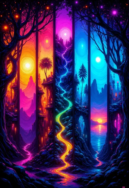 A digital cyberpunk art splash in the style of bo-cyborgsplash, a vibrant and mystical landscape depicted in a series of vertical banners, each featuring a different color palette, the first banner on the left shows a glowing tree with intricate patterns, the second banner features a swirling orange and red design, the third banner features an abstract landscape with a tree in the center, the fourth banner showcases a glowing blue planet in the sky, the fifth banner showcases an otherworldly landscape with distant mountains, the sixth panel showcases a distant landscape with trees and distant structures, the seventh panel showcases an ocean scene, the eighth panel features a mystical tree with vibrant colors, the ninth panel displays a stunning sunset landscape, the final panel features an ethereal landscape with glowing elements, the overall effect is a mesmerizing and captivating image that exudes a sense of otherworldly beauty<lora:boFLUX Cyborgsplash.safetensors:1.0:1.0>