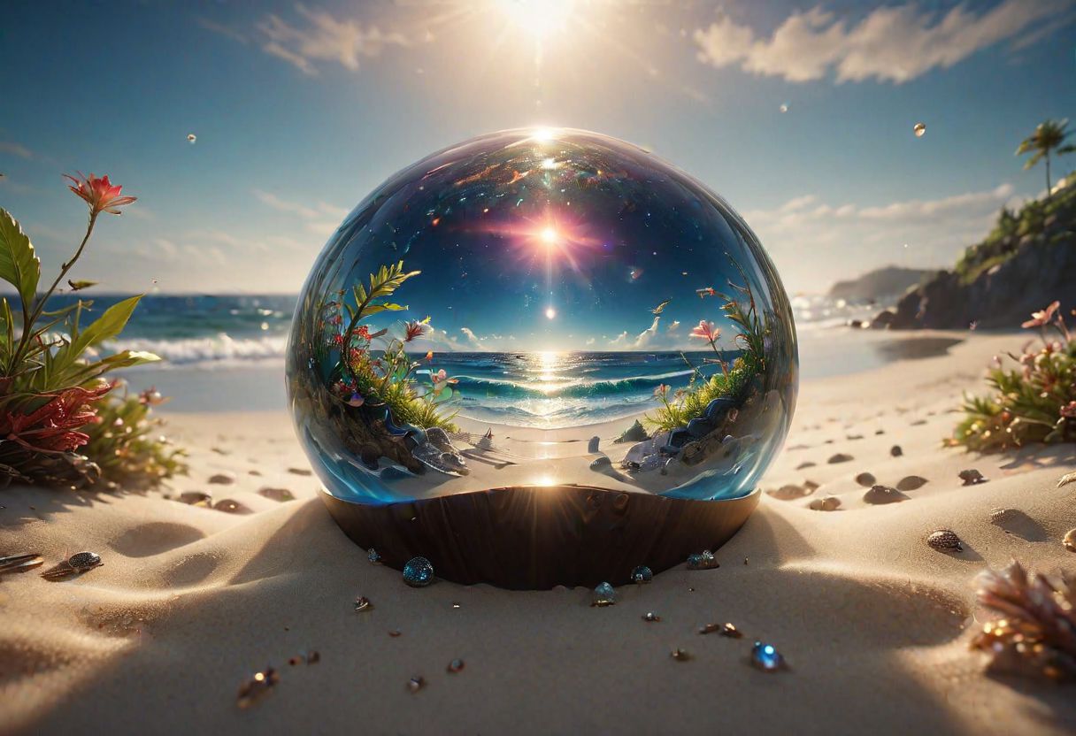 On the sandy shore, a glass orb cradles a swirling galaxy within its confines. It rests, a cosmic captive, as waves caress the shoreline. The juxtaposition of the vast cosmos and the intimate beach creates a surreal and captivating scene of boundless wonder., 8k, vray, IMax, hyperrealism, perfect light, bokeh Carl Zeiss 85mm, small depth of field, photorealistic, masterpiece, high resolution, best quality, cinematic shot, ultra-detailed, super realistic, Hyperrealistic art, high-quality, ultra high res, highest detailed, lot of details, Extremely high-resolution details, photographic, realism pushed to extreme, incredibly lifelike,