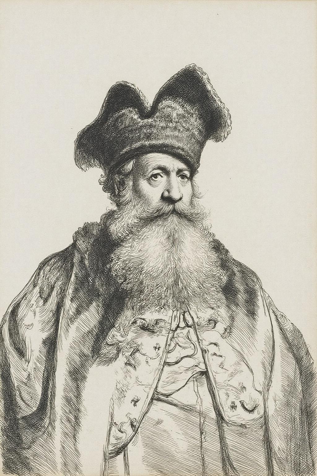 rember1 etching. 
An elderly man with a long, bushy beard and a stern, contemplative expression. He is adorned in a rich, ornate outfit, including a large, floppy hat with a wide brim that appears to be made of a fur material, giving it a textured, fluffy look. <lora:rembr_etch4_cap_d6a3e11:1.0><lora:810561011661749548:0>