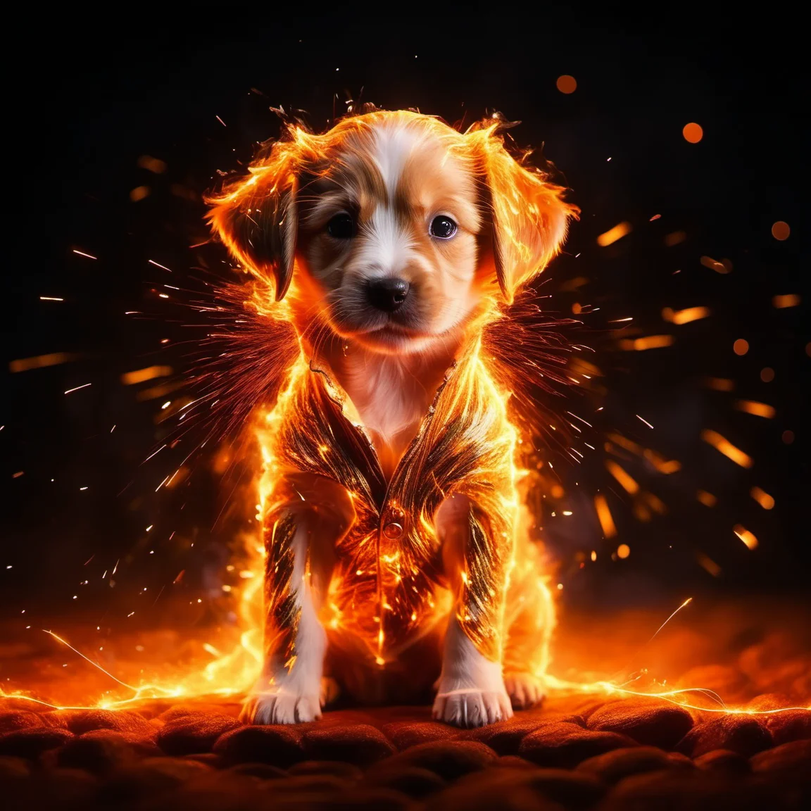 fireart, a  cute puppy in a fire suit ,circular of sparks<lora:fireart:1>
