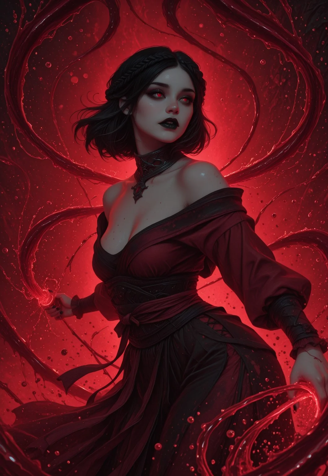(masterpiece:1.4), (best quality:1.3), (very aesthetic:1.2), (absurdres:1.1), (hyperdetailed:1.05), 8k, ultra-HD, high detail, depth of field, (realistic), highres, newest, detailed_eyes, subject_focus, vampire fangs, artist:moriimee
(black, red, white, Limited Palette, monochromatic colors),
1girl, off the shoulder, (erotic), white skin, red eye, abstract, splatter, splash art, simple background, fog, bokeh,
ccserana,double crown braid,black hair,medium hair,red eyes,mascara,slit pupils,black lips,black nails, jewelry,silver gorget,kimono,
cowboy shot,
tilted head, abstract, splatter, splash art, simple background, bokeh,
Blomagmb2, blood magic concept, casting blood magic, blood tendrils, liquid blood manipulation, crimson aura, 1girl,solo, blood, blood stream,
action pose, huge amount of blood
