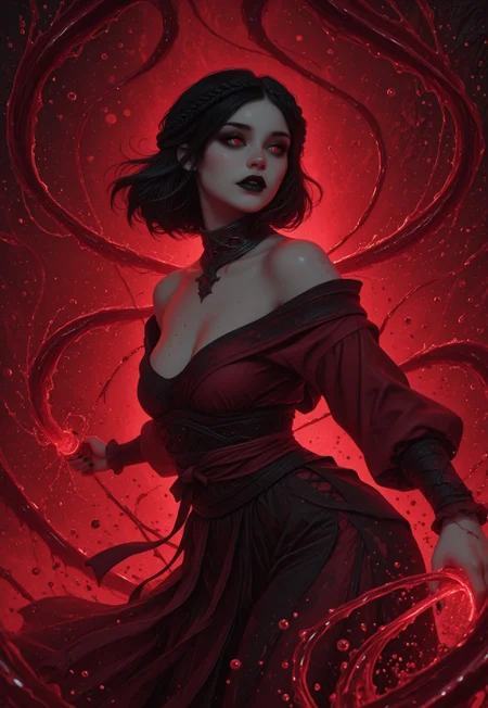 (masterpiece:1.4), (best quality:1.3), (very aesthetic:1.2), (absurdres:1.1), (hyperdetailed:1.05), 8k, ultra-HD, high detail, depth of field, (realistic), highres, newest, detailed_eyes, subject_focus, vampire fangs, artist:moriimee
(black, red, white, Limited Palette, monochromatic colors),
1girl, off the shoulder, (erotic), white skin, red eye, abstract, splatter, splash art, simple background, fog, bokeh,
ccserana,double crown braid,black hair,medium hair,red eyes,mascara,slit pupils,black lips,black nails, jewelry,silver gorget,kimono,
cowboy shot,
tilted head, abstract, splatter, splash art, simple background, bokeh,
Blomagmb2, blood magic concept, casting blood magic, blood tendrils, liquid blood manipulation, crimson aura, 1girl,solo, blood, blood stream,
action pose, huge amount of blood