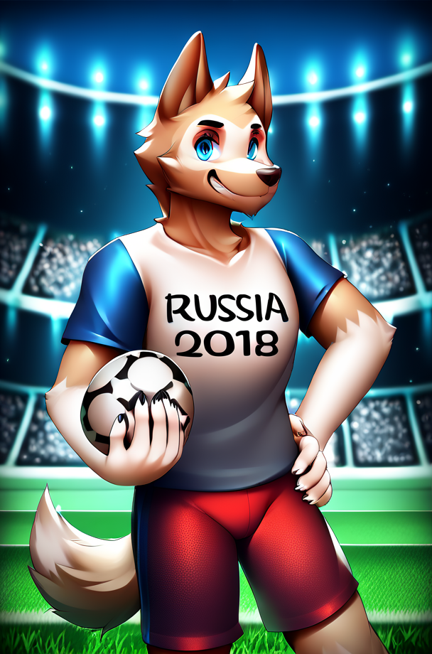 score_9, score_8_up, score_7_up, score_6_up, score_5_up, score_4_up, source furry, HD, masterpiece, best quality, solo, detailed, 5 fingers, detailed blue eyes, detailed black pupils,  detailed background, defined body, nsfw, standing in soccer field, soccer field background, interacting with background, detailed body, looking at viewer, detailed fur, holding soccer ball, T-shirt, shorts, hand on hip, smirk, 
<lora:add_detail:1>  <lora:BG2_dpep4+silicon29dim64:1>  <lora:PDXL_artist_tags_v2_big:1> by marblesoda <lora:ZabivakaPonyXL:1> zabivakaponyxlmale, blue eyes, body fur, dog tail, dog ears,