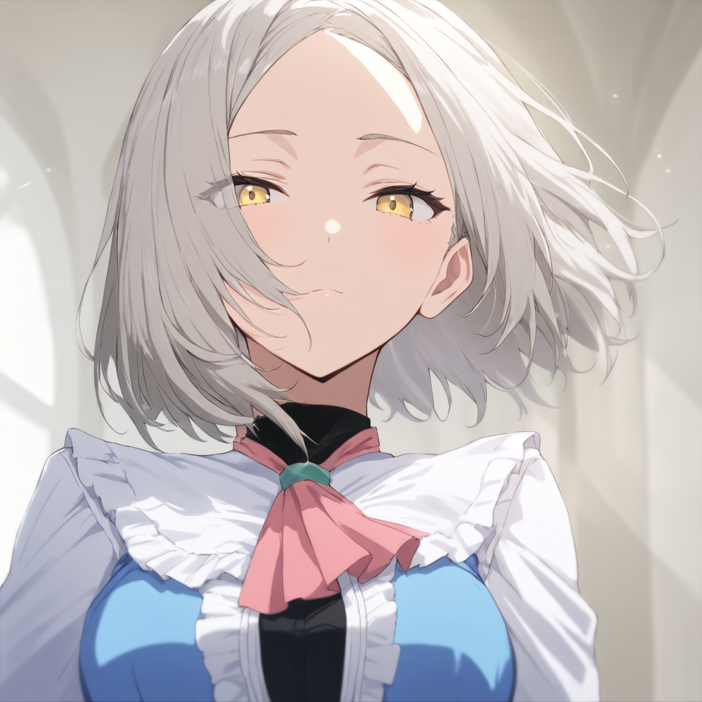 looking at viewer,upper_body,portrait,masterpiece,high score,great score,absurdres,<lora:Yukine_Mare ag4o v1:1> yukine_mare, grey hair, short hair, yellow eyes,ascot,frills,long sleeves,