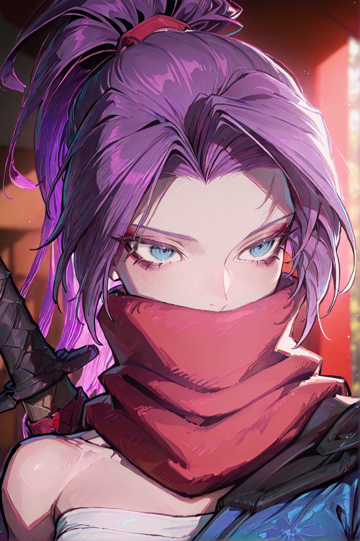 1girl, solo, (portrait:1.5), 30y, <lora:Psylockev1_Illu_Dwnsty:1> psylocke_mvr, blue eyes, purple hair, high ponytail, parted bangs, long hair, red scarf, scarf over mouth, japanese clothes, chest sarashi, kimono, sash, red belt, obi, single shoulder pad, fingerless gloves, arm guards, nail polish, blue nails, black footwear, blue thighhighs, sheath, weapon on back, blurry background, <lora:cgel-style-richy-v1_ixl:1>, <lora:princess_xl_v2:1>, <lora:illustrious_noobai_epsilon_pred_11_very_aesthetic_v1:1> masterpiece, best quality, very aesthetic, absurdres, <lora:illustrious_noobai_epsilon_pred_1_best_quality_v1:0.8> masterpiece, best quality, very aesthetic, absurdres, masterpiece, best quality, amazing quality, very aesthetic, absurdres, ultra-detailed, newest