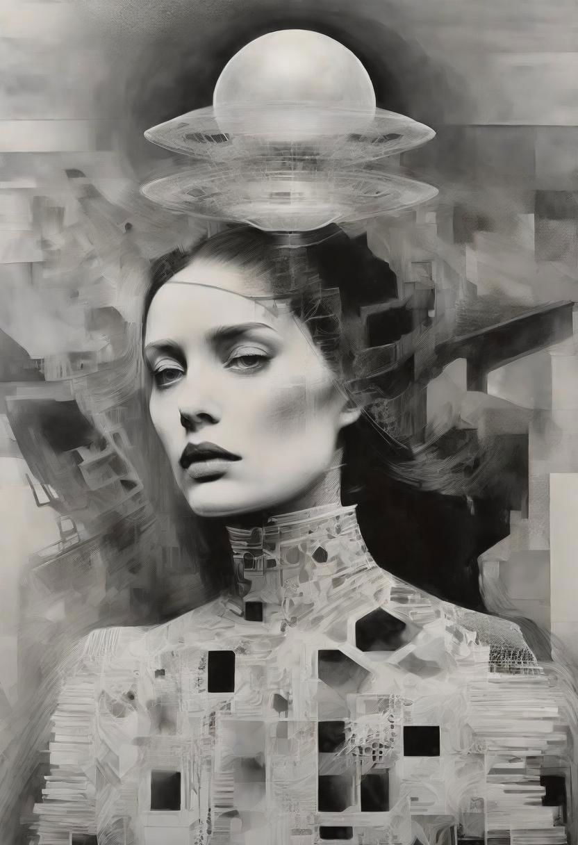 Monochrome black and white, Giger, Beksinski, Zawadzky, Dali, Magritte, Delvaux, Bellmer, Malevitch, Rodchenko, Mondrian, Kandinsky, Popovna, psychedelic hallucination, pop surrealism, rough crosshatch drawing pop art Lunatic_Portrait of a young woman in latex Avant-garde Fashion page, slick back, low bun, black makeup, sinister expression, intense glare, avant-garde, abstract, weird, geometric, constructivism, suprematism, rayonism, verticism, lineism, tj