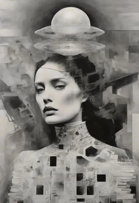 Monochrome black and white, Giger, Beksinski, Zawadzky, Dali, Magritte, Delvaux, Bellmer, Malevitch, Rodchenko, Mondrian, Kandinsky, Popovna, psychedelic hallucination, pop surrealism, rough crosshatch drawing pop art Lunatic_Portrait of a young woman in latex Avant-garde Fashion page, slick back, low bun, black makeup, sinister expression, intense glare, avant-garde, abstract, weird, geometric, constructivism, suprematism, rayonism, verticism, lineism, tj
