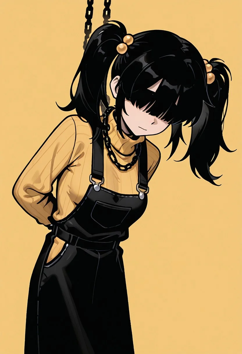 masterpiece, best quality, amazing quality, very aesthetic, absurdres, newest, detailed background, foreground blur, (( cartoon, )),
cassidyfnaf, 1girl, twintails, black hair, hair ornament, long sleeves, yellow sweater, hair bobbles, turtleneck sweater, black overalls dress, medium breasts,
yellow background, monochrome, black chains, black chains around neck, hanging, black chain nooses, sad, hidden eyes, shadow over eyes, shadows, high contrast, upper body, tied up by chains, black chains, simple background,