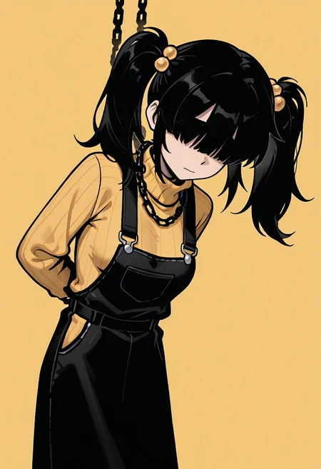 masterpiece, best quality, amazing quality, very aesthetic, absurdres, newest, detailed background, foreground blur, (( cartoon,  )),
cassidyfnaf, 1girl, twintails, black hair, hair ornament, long sleeves, yellow sweater, hair bobbles, turtleneck sweater, black overalls dress, medium breasts, 
yellow background, monochrome, black chains, black chains around neck, hanging, black chain nooses, sad, hidden eyes, shadow over eyes, shadows, high contrast, upper body, tied up by chains, black chains,  simple background,