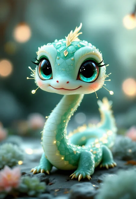 A cute, smiling little green crystals snake with big, expressive eyes, in a kawaii style. It features traditional Chinese elements, such as delicate, ornate scales, a flowing, elegant body, and subtle hints of ancient Chinese patterns. The snake’s posture is playful, surrounded by a soft, dreamlike atmosphere, with muted, pastel colors and gentle lighting that emphasize the whimsical and serene mood.close-up
