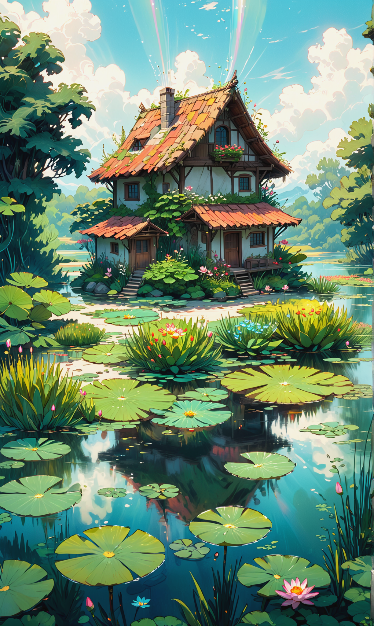 dynamic angle, close-up of a small house by the lake, beautiful sunny summer day, water lilies in the lake blooming, lush plants, sunlight shining through the white clouds, bold colors, fairy tale, fantasy,wind,classic, (detailed light),feather, nature, (sunlight),beautiful and delicate water,(painting),(sketch),(bloom),(shine), high resolution, high contrast ratio, high detail, high texture, texture surreal high quality figure, ultra high quality, golden ratio,Magic Forest<lora:xl_more_art-full_v1:0.3> <lora:20240222-1708612507696:0.7>
