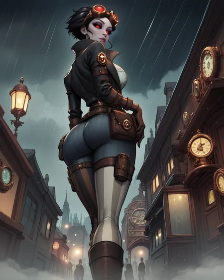 score_9, score_8_up, score_7_up,score_6_up, score_5_up, score_4_up , 1girl solo,
large breasts,
LadyM_DG,
black sclera, red eyes, black hair, short hair,eyeshadow,
asymmetrical legwear, gloves, belt,belt pouch, steampunk,striped pants, black pants, goggles on head,
black coat, wind, high heel boots, trench coat,
city, night, fog, rain,
half-closed eyes, from below, glowing eyes, looking at viewer,
crowd,
from behind, ass,
<lora:Lady Mechanika (PonyXL) v01-000003:0.90>