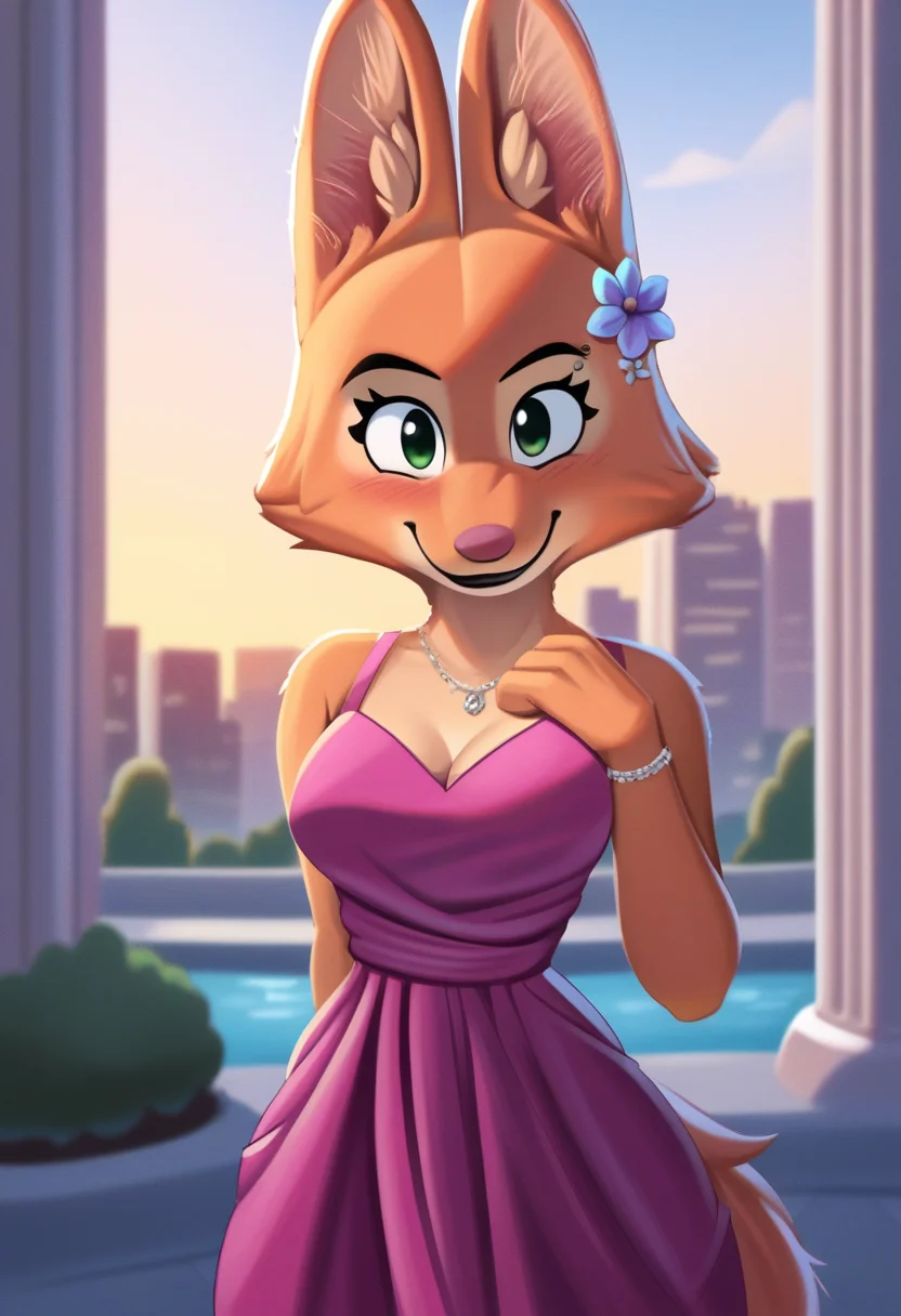 zPDXL, score_9,score_8_up,score_7_up,_up,source_cartoon, best quality, amazing quality, masterpiece, 1girl, looking at viewer, solo, fullbody, cute, blush, smile, <lora:DianeFoxington-03:0.8> , diane foxington, green eyes, orange fur, fox girl, fox tail, jewelry, pink dress, bracelet, flower on head, flower in hair, blue sky,city, park, skyline, contour_deepening,depth of field, huge filesize,wallpaper,background,(flat color),large breasts, blurry background, nexcoyotlgt, <lora:NexcoyotlGT:1>