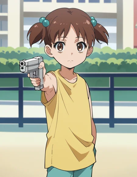 score_9, score_8_up, score_7_up, source_anime, <lora:kana-hazamaya-s1-ponyxl-lora-nochekaiser:1>, kana hazamaya, short hair, brown hair, hair ornament, twintails, brown eyes, hair bobbles, short twintails, child, anime screencap,, dress, sleeveless, yellow dress, Buildings, architecture, man made, urban, interior, , <lora:yusuf-dikec-ponyxl-lora-nochekaiser:1> yusuf dikec, yusuf dikec (meme), meme, hand in pocket, handgun, holding gun, gun, shirt, t-shirt, pants, audience, cowboy shot,, looking at viewer, solo,, dutch angle, cowboy shot
