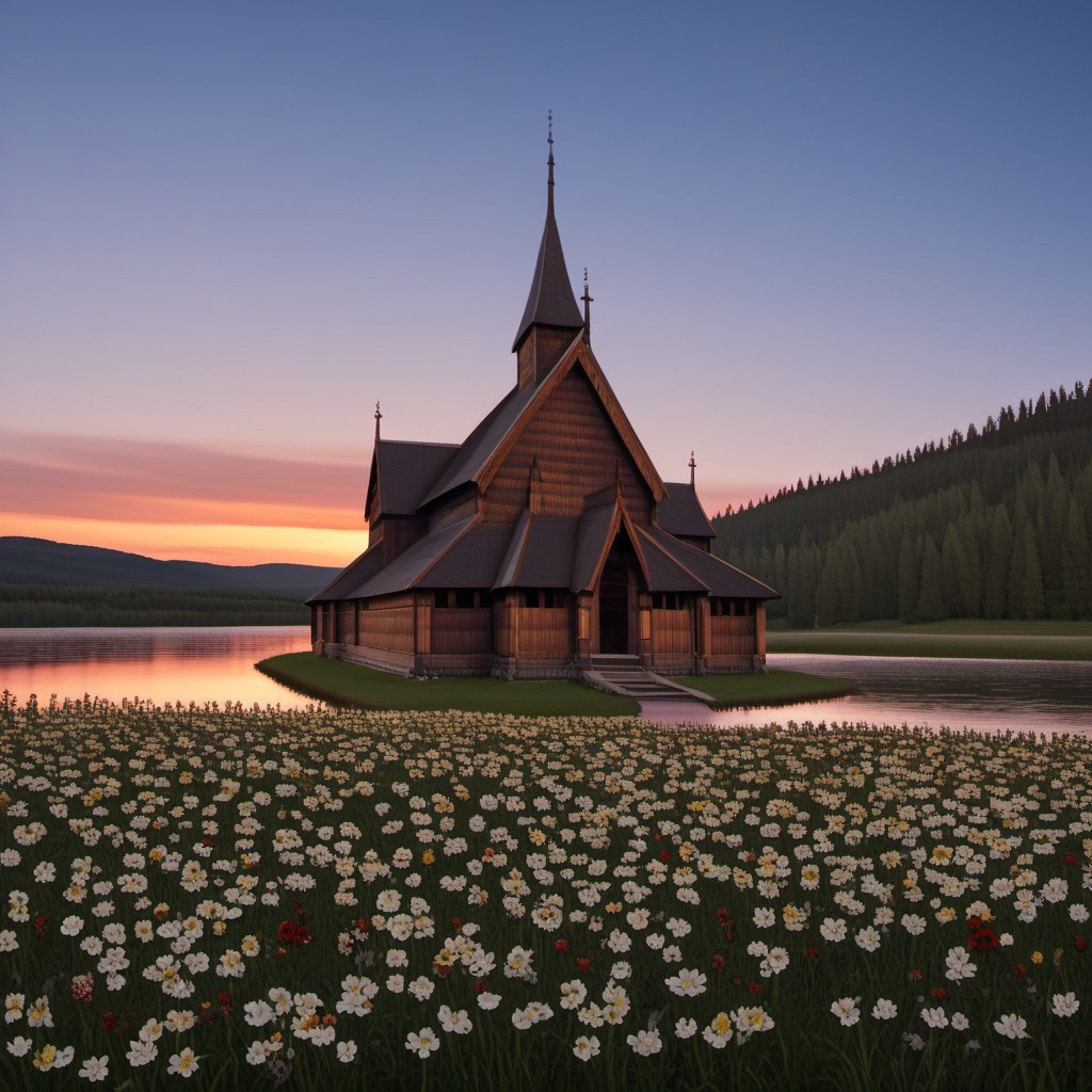 Norwegian stave church, stave church, evening, sunset, flowers, very long hair, Norwegian nature , norwegian landscape, lake, forest, flowers, beautiful sky