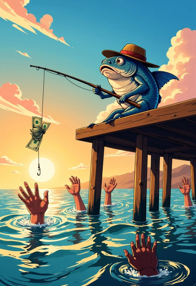 BMStyle, Anime, An anime-style scene featuring an anthropomorphic fish sitting confidently on a wooden pier, holding a fishing pole with a wad of American currency as bait. The currency is on the end of the line on a fish hook. The fish, with large, expressive eyes and shimmering scales, wears a small fisherman's hat tilted to the side, giving it a charming, quirky look. Its tail drapes over the edge of the pier as it focuses intently on its unusual catch.
Below, several humans leap out of the water, their arms outstretched, desperately trying to grab the bait but always just missing it. The humans are drawn with dynamic poses and exaggerated expressions of determination, adding a sense of tension and humor to the scene. The ocean beneath them is calm, with gentle waves reflecting the warm colors of a glowing sunset.
The entire composition is rendered in a vivid anime style, with clean lines, vibrant colors, and an emphasis on the contrast between the serene, calculating fish and the frantic, struggling humans. The scene blends humor with irony, creating a visually engaging and whimsical image.