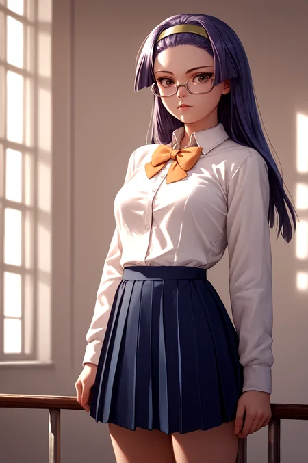 score_9, score_8_up, score_7_up, score_6_up, score_5_up, score_4_up, (high quality, detailed, beautiful) arrester_blanket, glasses, hairband <lora:Arrester Blanket_epoch_9:1> cowboy_shot, solo, school_uniform, skirt, white_shirt,