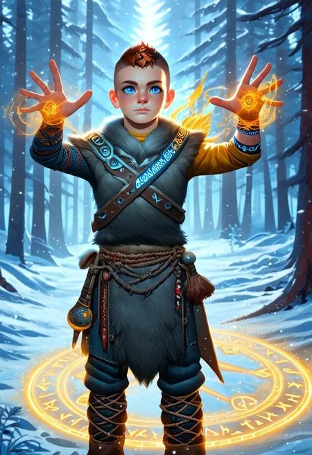 1boy, male focus, solo focus, Atreus, grey fur tunic, ginger hair, pale blue eyes, undercut, brown fur boots, snowy forest, viking, hands outstretched, glowing magic runes, magic array, Glowing Rune Circle, perfect hands