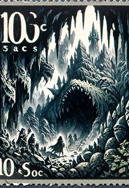 sfw, solo focus, hd, 8k, vintage illustration, masterpiece, award winning illustration of a group of sexy female adventurers exploring a spooky cavern, dungeons and dragons, monsters lurking in the backgeound, intricate details