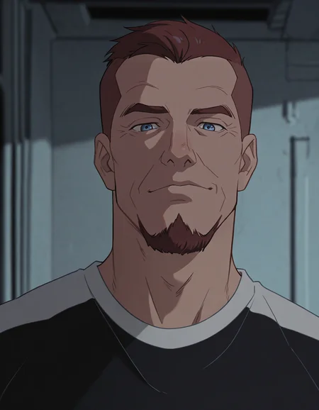 masterpiece, best quality, newest, perfect quality, best quality, detailed background, intricate details, male focus, anime, solo, <lora:Titan AE - Joseph Korso - Illustrious_epoch_7:0.7>, titan_korso, 1boy, mature male, brown hair, very short hair, crew cut, goatee, blue eyes, goatee, black two-tone shirt, portrait, head tilt