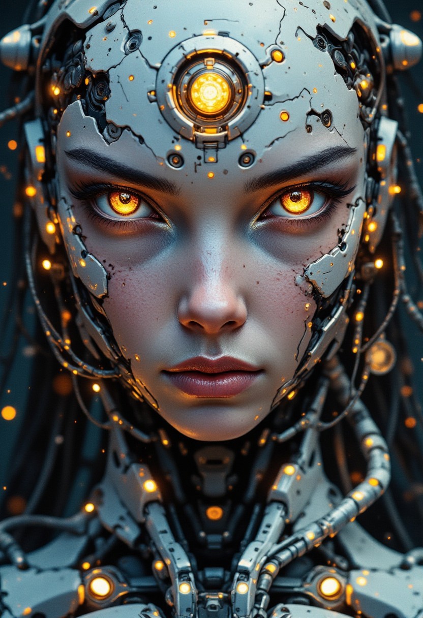 closeup portrait a ceramic oriental cyberpunk cyborg girl, direct gaze, dark cyberpunk background