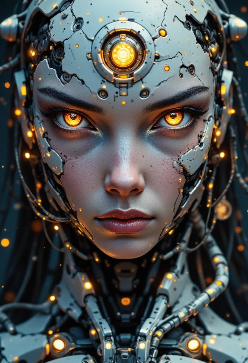closeup portrait a ceramic oriental cyberpunk cyborg girl, direct gaze, dark cyberpunk background